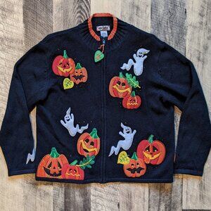 Tiara Halloween Cardigan Sweater Ghosts Pumpkins Black Large